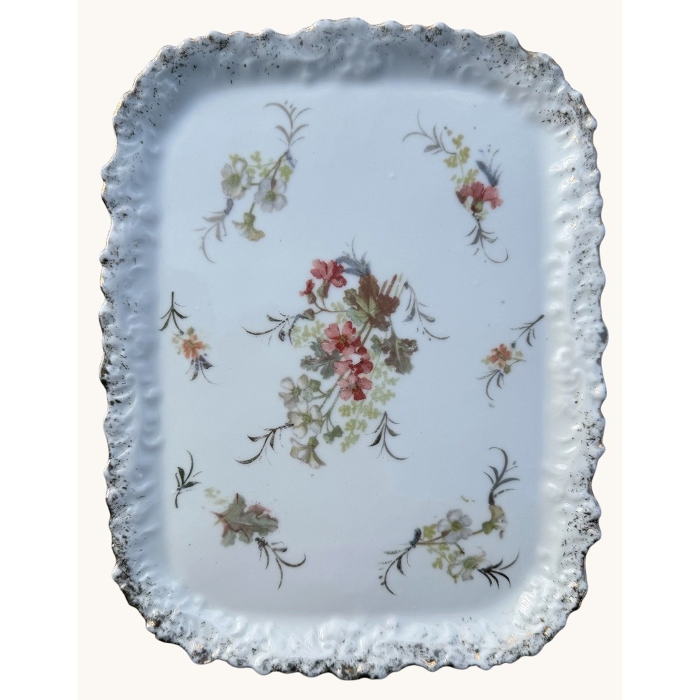 Antique Porcelain Vanity Tray Hand Painted Floral Gold Stippled Rim 10.5''x8''